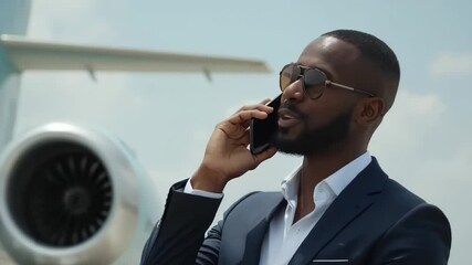 A well-dressed man converses on his mobile phone beside a sleek private jet - Powered by Adobe