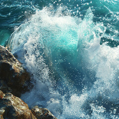 powerful ocean wave crashing against rocky shore, creating splashes and foam. vibrant turquoise water contrasts beautifully with rocks