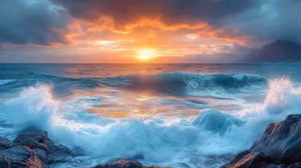 Fototapeta premium Dramatic seascape at sunrise with crashing waves against rocky shoreline and colorful clouds in the background
