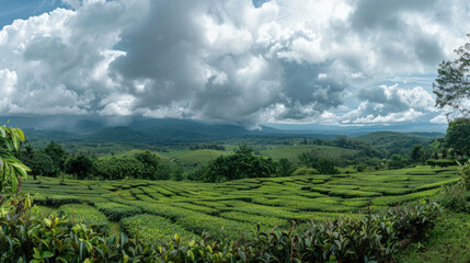 A panoramic view of tea fields stretching endlessly under a dramatic, cloud-streaked sky,