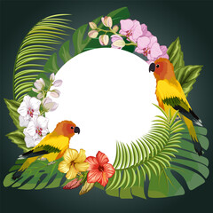 Parrots and leaves on a colored background.Colored illustration with birds and leaves on a colored background.