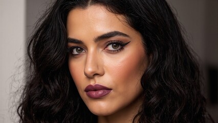 Fototapeta premium Portrait of a Latina woman with olive toned skin cat eye eyeliner plum lips and curly black hair exuding confidence and beauty