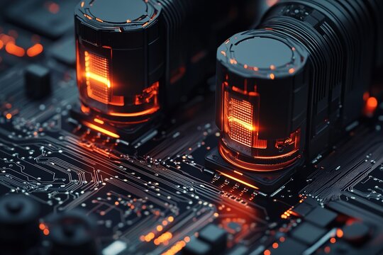 Animation of two scopes scanning and processing data with moving light trails on computer circuit board