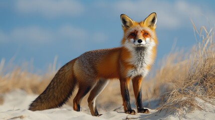 A striking red fox standing gracefully on a sandy beach with soft grasses and a blue sky backdrop