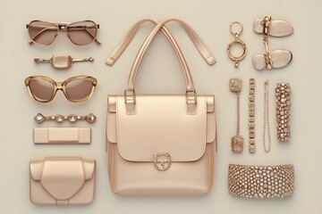 A stylish flatlay showcasing a gold handbag and luxurious accessories, including sunglasses and jewelry.