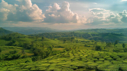 Obraz premium A picturesque Assam tea plantation with lush greenery stretching over rolling hills under a vibrant sky,