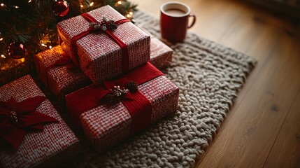   A pile of wrapped presents lies next to a Christmas tree, with a cup of coffee spilled on the floor