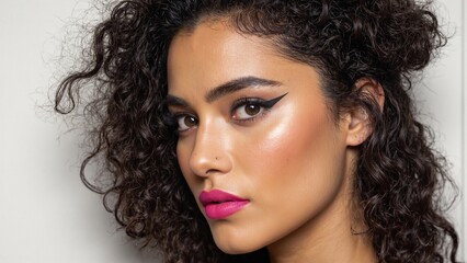 Naklejka premium Stunning South American woman with winged eyeliner fuchsia lipstick and curly hair in a half up half down style