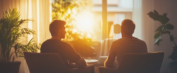 Two individuals sitting together, enjoying a sunset in a cozy indoor setting.