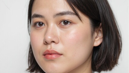 Fototapeta premium Close up of an East Asian woman with smooth porcelain skin glossy coral lipstick and soft brown eyeliner showcasing a neat bob hairstyle and natural looking lashes