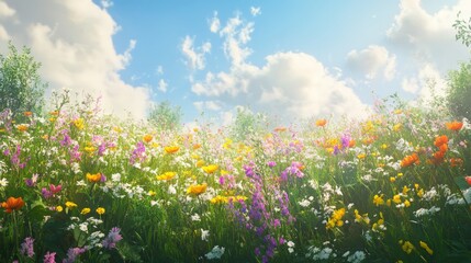Fototapeta premium Vibrant Wildflower Meadow Under Bright Blue Sky with Fluffy Clouds