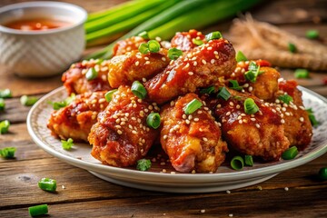 Crispy Fried Chicken Wings with Sweet and Sour Glaze, Sesame Seeds, and Green Onions