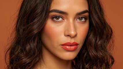 Fototapeta premium Beautiful Latina woman with bronzed skin rose gold eyeshadow and vibrant orange red lipstick showcasing elegant wavy brown hair and long lashes