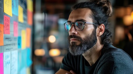 Obraz premium Thoughtful man reflecting on ideas while surrounded by colorful sticky notes in a creative workspace setting