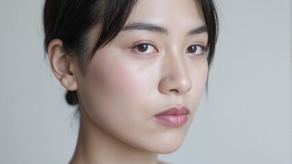Fototapeta premium Close up portrait of East Asian woman with peach toned skin lavender eyeshadow and sleek black hair in a low ponytail