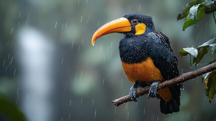 Obraz premium A black and orange bird perched on a tree branch amidst pouring rain