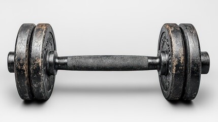Fototapeta premium Weathered black dumbbell with textured grip and worn plates on a gray background.