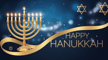 Hanukkah celebrations with a large menorah in which candles are lit. The menorah is mounted on a stand. Dark blue background with soft highlights of light and golden stars of David.