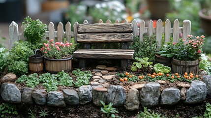 Miniature garden scene with wooden bench, flowers, and stone path.