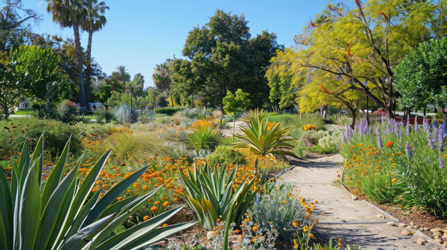 A public park filled with drought-resistant plants to promote climate resilience