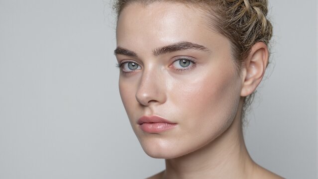 Elegant Scandinavian woman with ivory skin pearl highlighter gray eyeliner peach lipstick tight blonde braid and curled lashes
