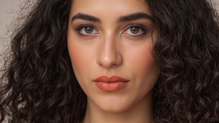 Naklejka premium Close up of a Middle Eastern woman with olive skin kohl lined eyes orange lipstick wavy hair and long lashes