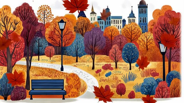Vibrant autumn park with colorful trees and a winding path in a cityscape during fall