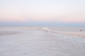 Astrakhan region, Russia , Baskunchak salt lake at sunset, Bogdinsko-Baskunchaksky nature reserve,...