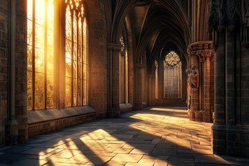 Sunlit Gothic cathedral corridor with stained glass windows and stone details.