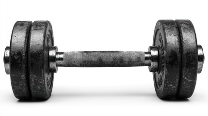 Fototapeta premium A well-used, dark grey dumbbell isolated on white background.