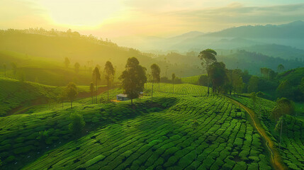 Obraz premium A scenic drone view of a tea landscape, capturing its natural beauty and intricate symmetry,