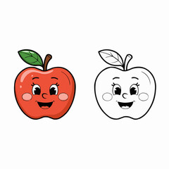 An illustration of a happy apple as an outline and colored 