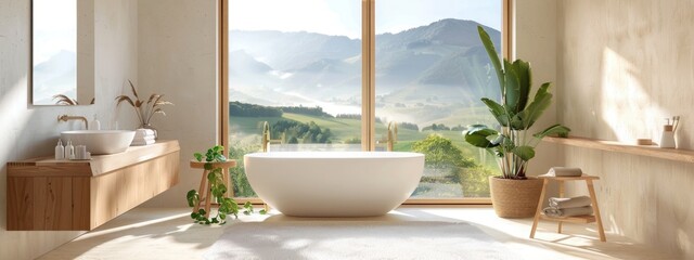 A bright Scandinavian design bathroom with light wood accents