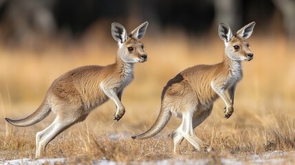 Obraz premium Two young kangaroos playfully hopping across a sunlit grassy field, showcasing their natural grace and curiosity in the wild.