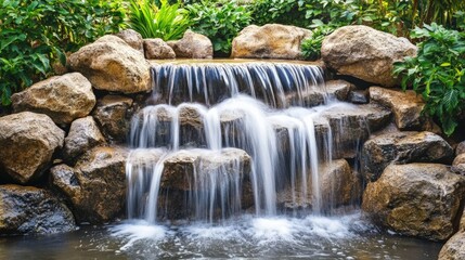 Fototapeta premium Serene Waterfall Cascading Over Natural Rocks in Lush Garden Setting