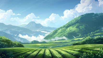 Obraz premium A serene tea landscape with endless green rows, framed by majestic mountains and fluffy white clouds,