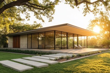 Fototapeta premium Modern glass house nestled in a lush green landscape bathed in warm sunset light.