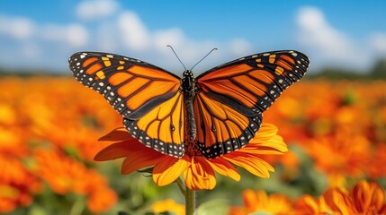 Naklejka premium A vibrant monarch butterfly resting on a bright orange flower amid a blooming field of colorful blossoms under a blue sky