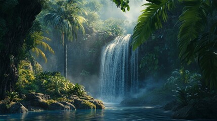 Serene Tropical Waterfall Surrounded by Lush Greenery and Mist