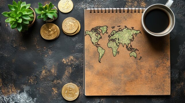 Flat lay of a world map sketch on a vintage notebook surrounded by cryptocurrency coins and a coffee cup, symbolizing global finance and travel