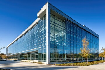 Fototapeta premium Modern glass office building reflecting blue sky, showcasing contemporary architecture and landscaping.