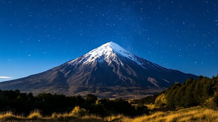 Majestic snow-capped volcano under a starry night sky.