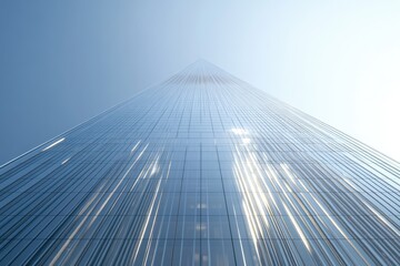Fototapeta premium A modern skyscraper's glass facade reflects sunlight, showcasing its sleek and towering design.