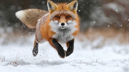 Red fox joyfully bounding through the snow in a winter wonderland with a backdrop of falling snowflakes