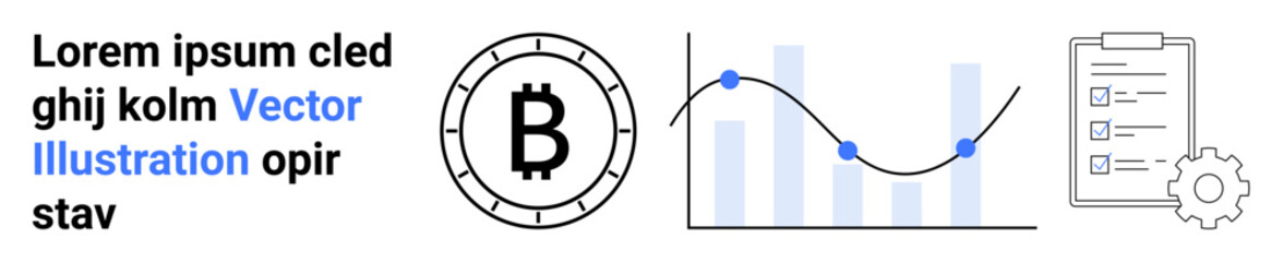 Bitcoin symbol, bar and line charts, checklist, gear cog. Ideal for finance, cryptocurrency, data analysis, technology, business, statistics. Landing page
