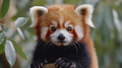 Obraz premium Curious red panda gazing intently from a branch surrounded by lush green foliage, showcasing its unique features and playful personality