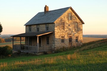 Obraz premium Rustic stone farmhouse on a hilltop at sunset, offering serene rural views.