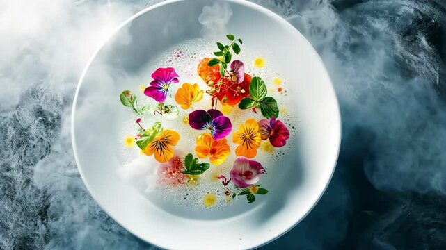 Elegant dish featuring colorful edible flowers and herbs presented with a delicate foam and mist effect, embodying the art of molecular gastronomy in a minimalist style. 4K video