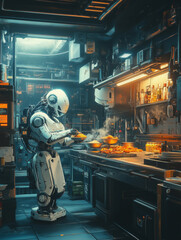 Obraz premium Robotic arms expertly preparing ingredients in a modern kitchen environment