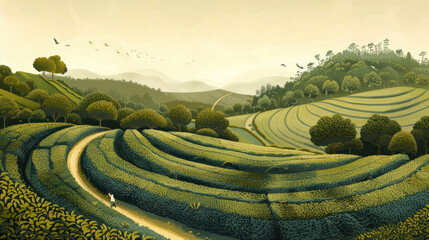 A sweeping view of a tea estate with terraced fields, a winding path, and distant workers,